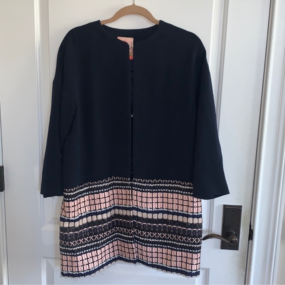 Vilagallo Navy Embroidered Three- Quarter Length Jacket - Size 42 EU / US 10